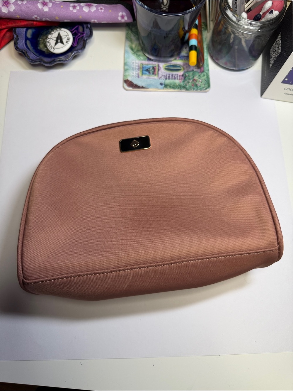 kate spade rose blush zip cosmetic pouch with gold logo